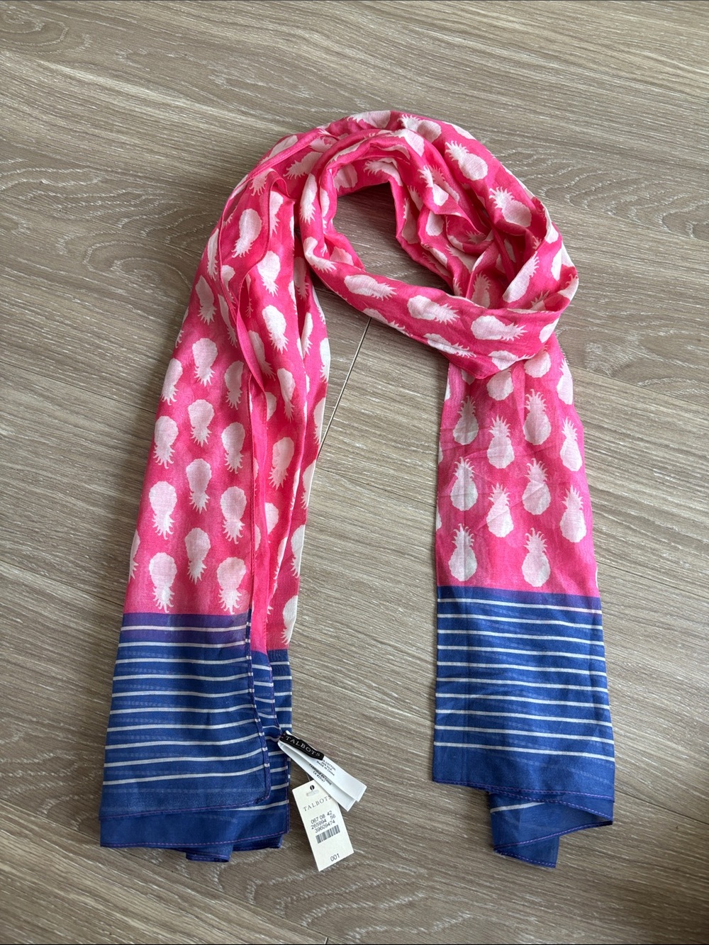Talbots Pink Pineapple Print Scarf with Navy Striped Trim Silk Cotton blend